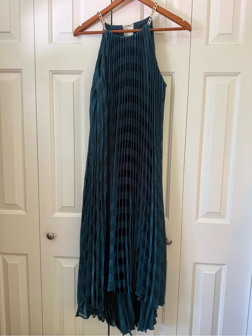 Ted Baker Teal Pleated Halter Maxi Dress with Chain Straps